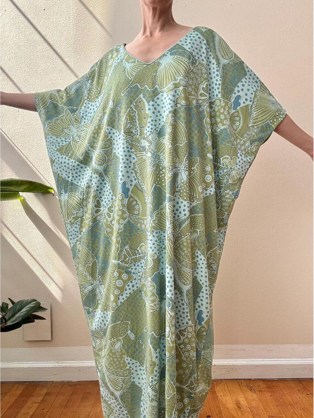 Vintage 1970s Elizabeth Stewart Aqua & Green Butterfly Print Caftan